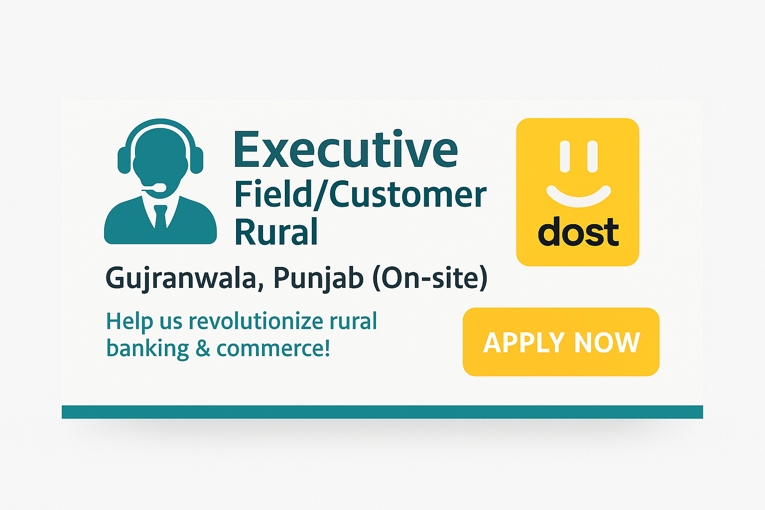 "Executive Field/Customer Ops Rural job banner for PTCL in Gujranwala, Pakistan with Apply Now button"